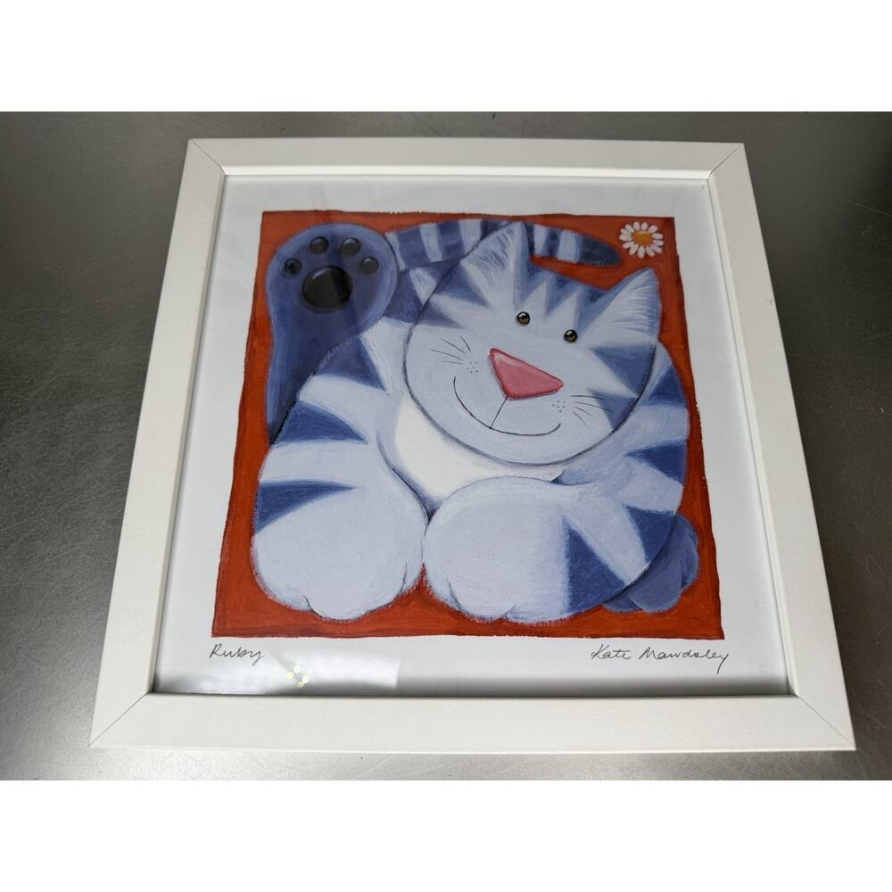 VTG CHUBBY CATS ‘Ruby’ Gray Blue Cat Framed Glass Art Kate Mawdsley Whimsy Decor